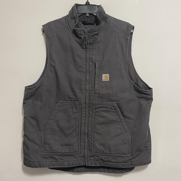 Carhartt Vest Men's Large Sherpa Lined Gray Canvas OV4277-M Loose Fit Mock Neck - Picture 2 of 10